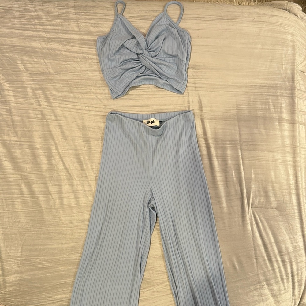 Baby Blue Two Piece Crop Top and Pant Set